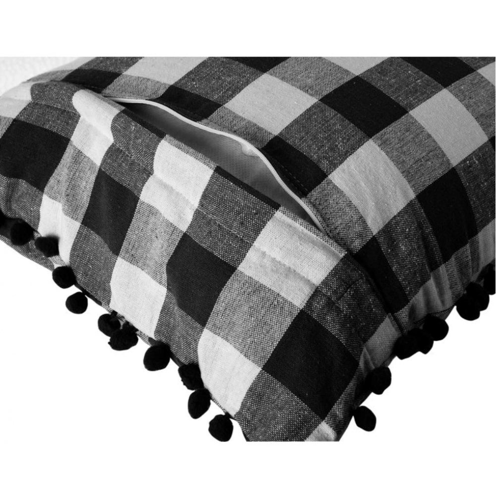 Pack Of_2 Cotton Checkered Cushion Cover With Pom Pom (Black, Size: 18x18 In) - GillKart