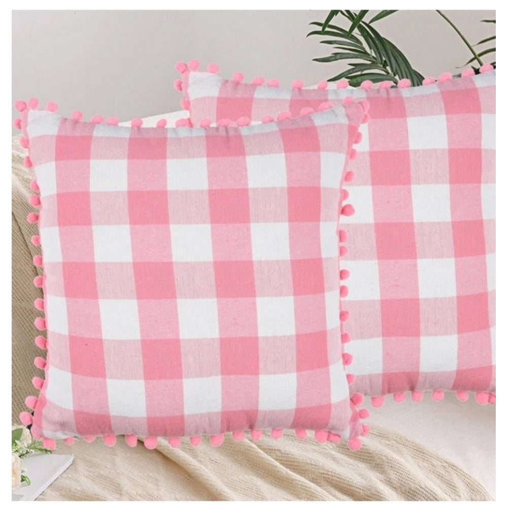 Pack Of_2 Cotton Checkered Cushion Cover With Pom Pom (Baby Pink, Size: 18x18 In) - GillKart