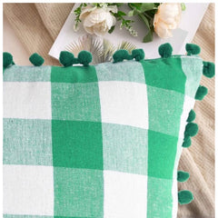 Pack Of_2 Cotton Checkered Cushion Cover With Pom Pom (Green, Size: 12x20 In) - GillKart