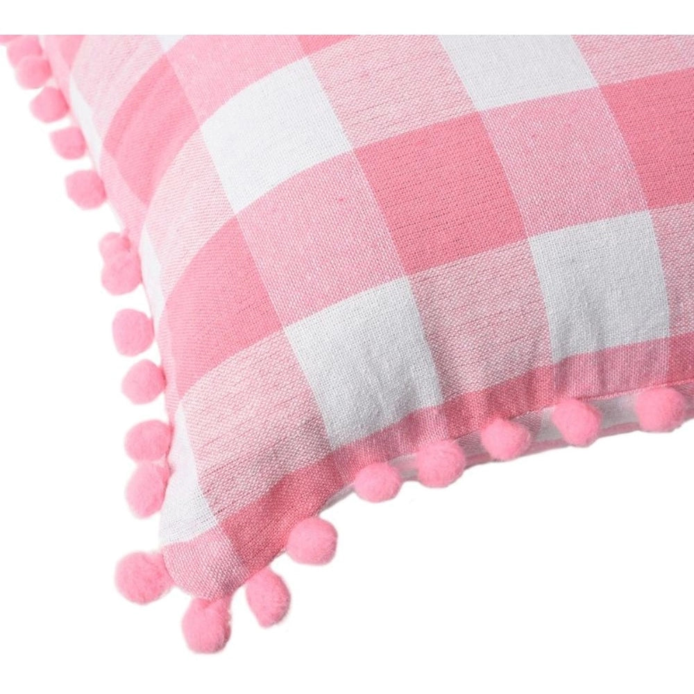 Pack Of_2 Cotton Checkered Cushion Cover With Pom Pom (Baby Pink, Size: 18x18 In) - GillKart