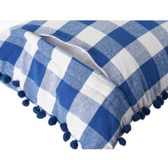 Pack Of_2 Cotton Checkered Cushion Cover With Pom Pom (Blue, Size: 18x18 In) - GillKart