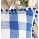 Pack Of_2 Cotton Checkered Cushion Cover With Pom Pom (Blue, Size: 18x18 In) - GillKart