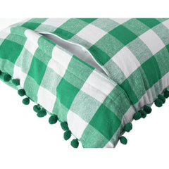 Pack Of_2 Cotton Checkered Cushion Cover With Pom Pom (Green, Size: 18x18 In) - GillKart