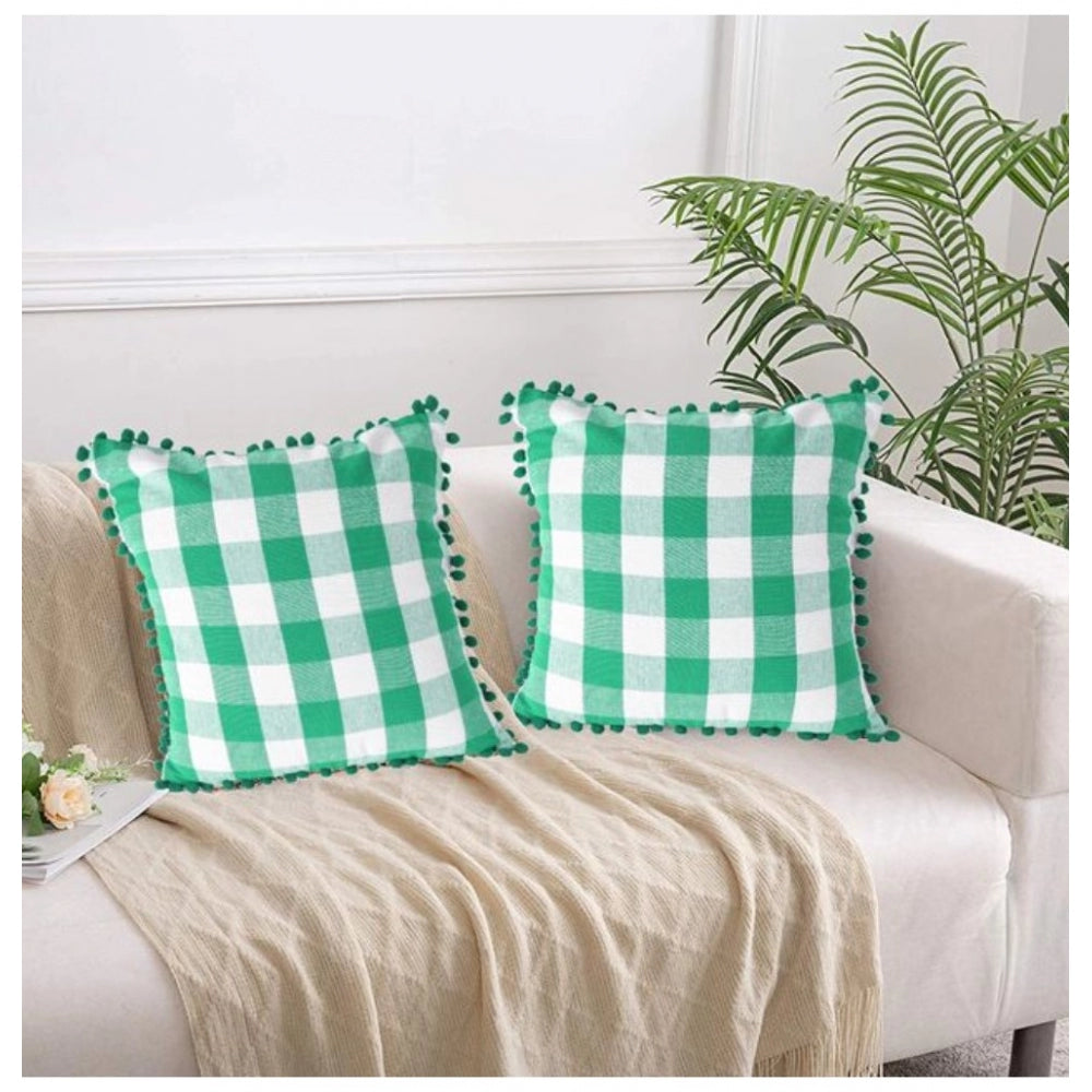 Pack Of_2 Cotton Checkered Cushion Cover With Pom Pom (Green, Size: 18x18 In) - GillKart