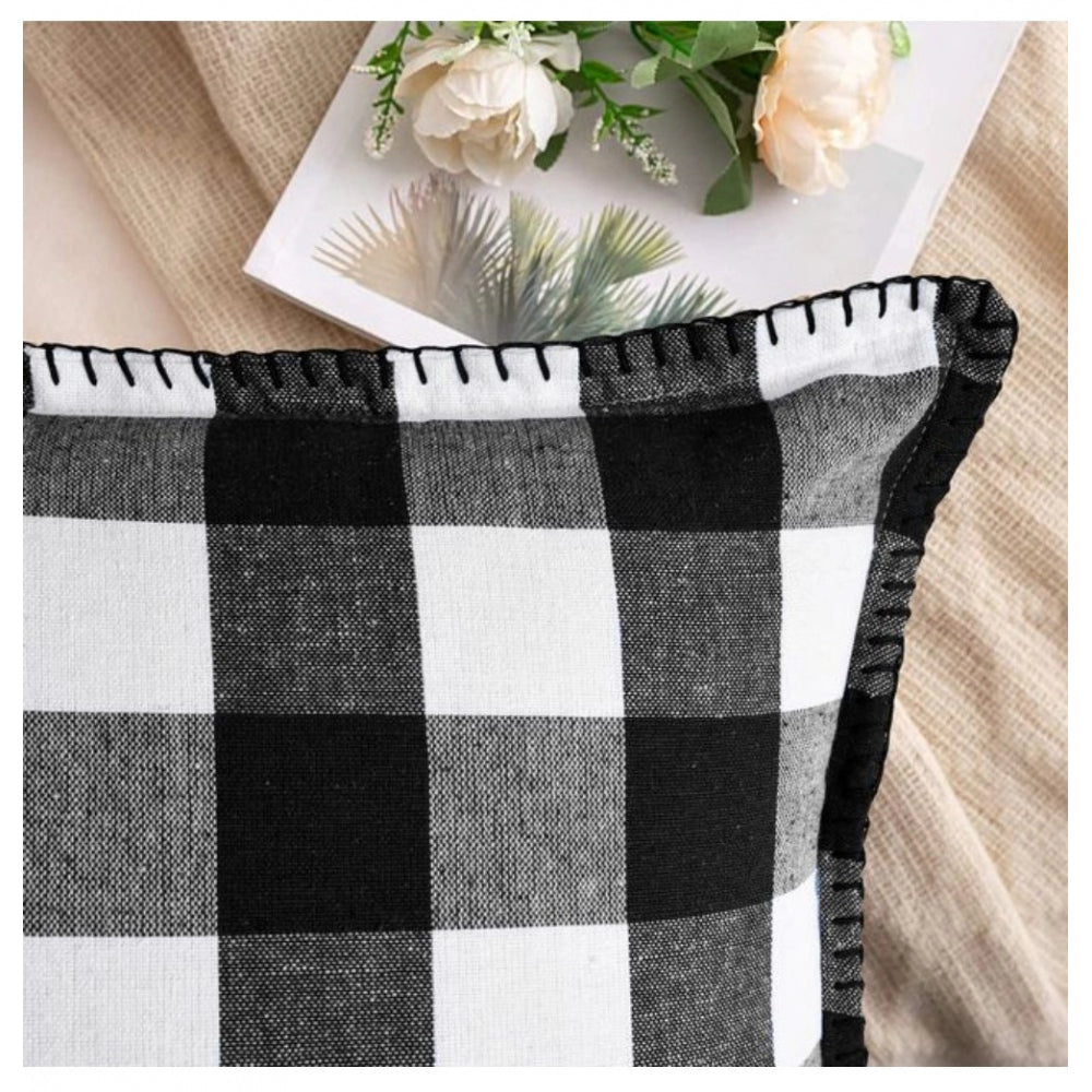 Pack Of_2 Cotton Checkered Cushion Cover With Blanket Stitch (Black, Size: 12x20 In) - GillKart