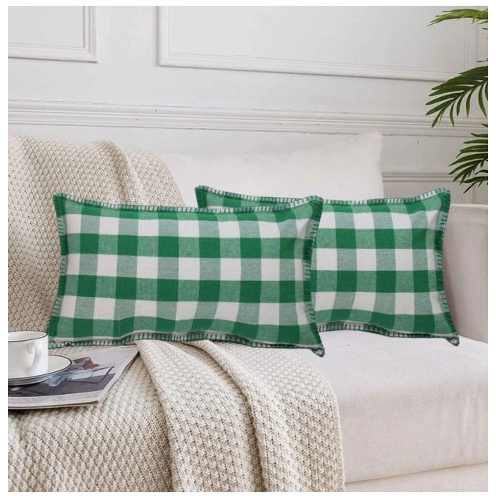 Pack Of_2 Cotton Checkered Cushion Cover With Blanket Stitch (Green, Size: 12x20 In) - GillKart