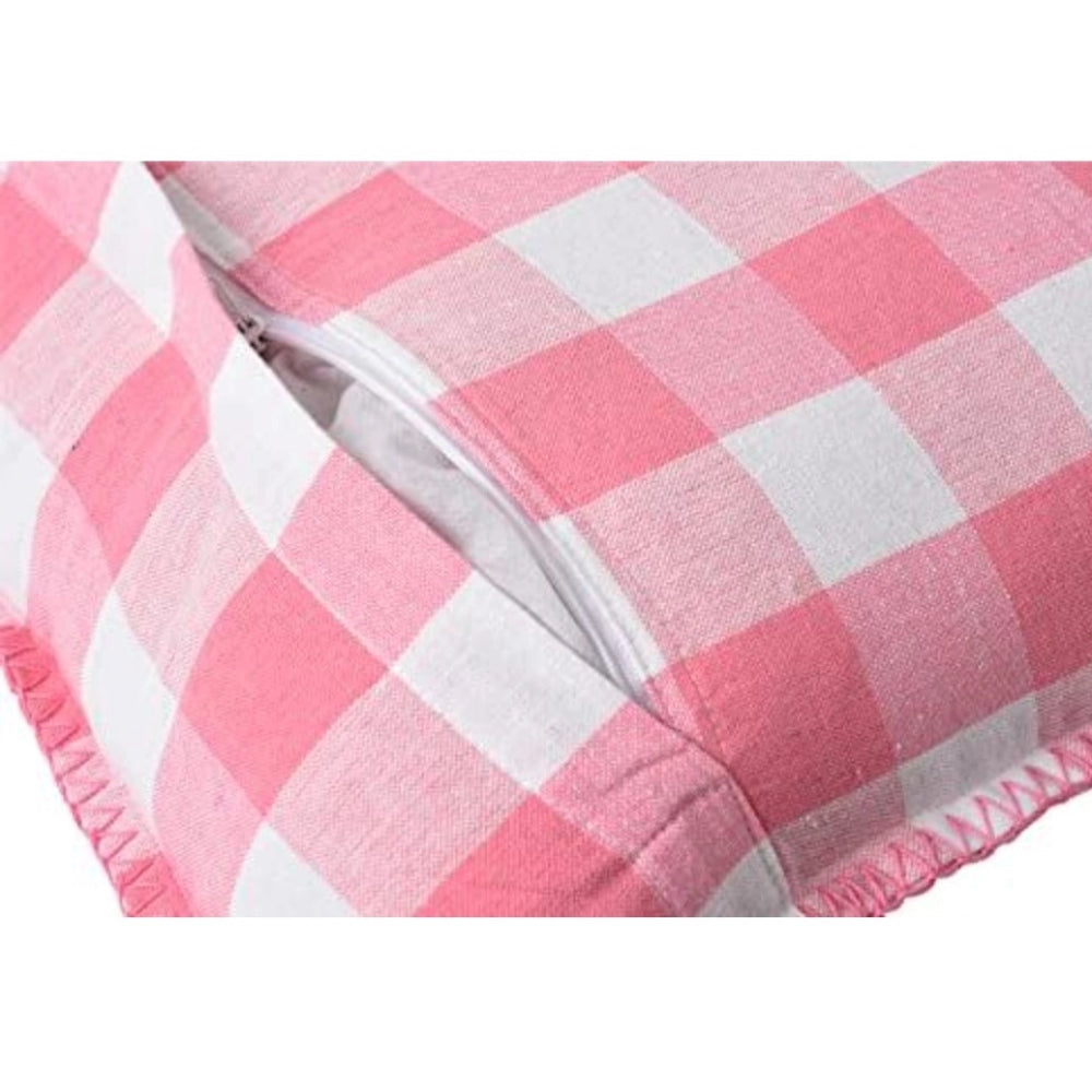 Pack Of_2 Cotton Checkered Cushion Cover With Blanket Stitch (Baby Pink, Size: 16x16 In) - GillKart