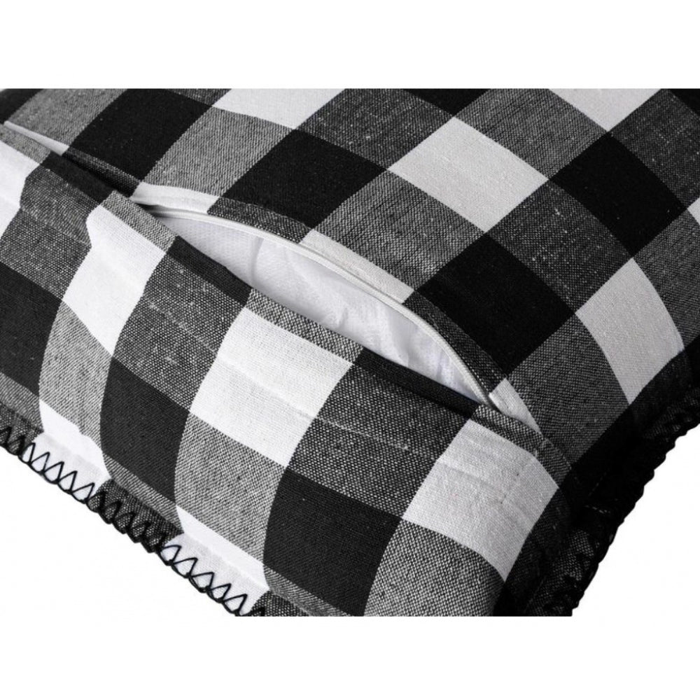 Pack Of_2 Cotton Checkered Cushion Cover With Blanket Stitch (Black &amp; White, Size: 18x18 In) - GillKart