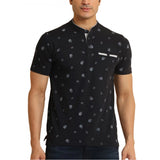 Men's Casual Cotton Printed Mandarin Collar Half Sleeve T-Shirt (Black) - GillKart