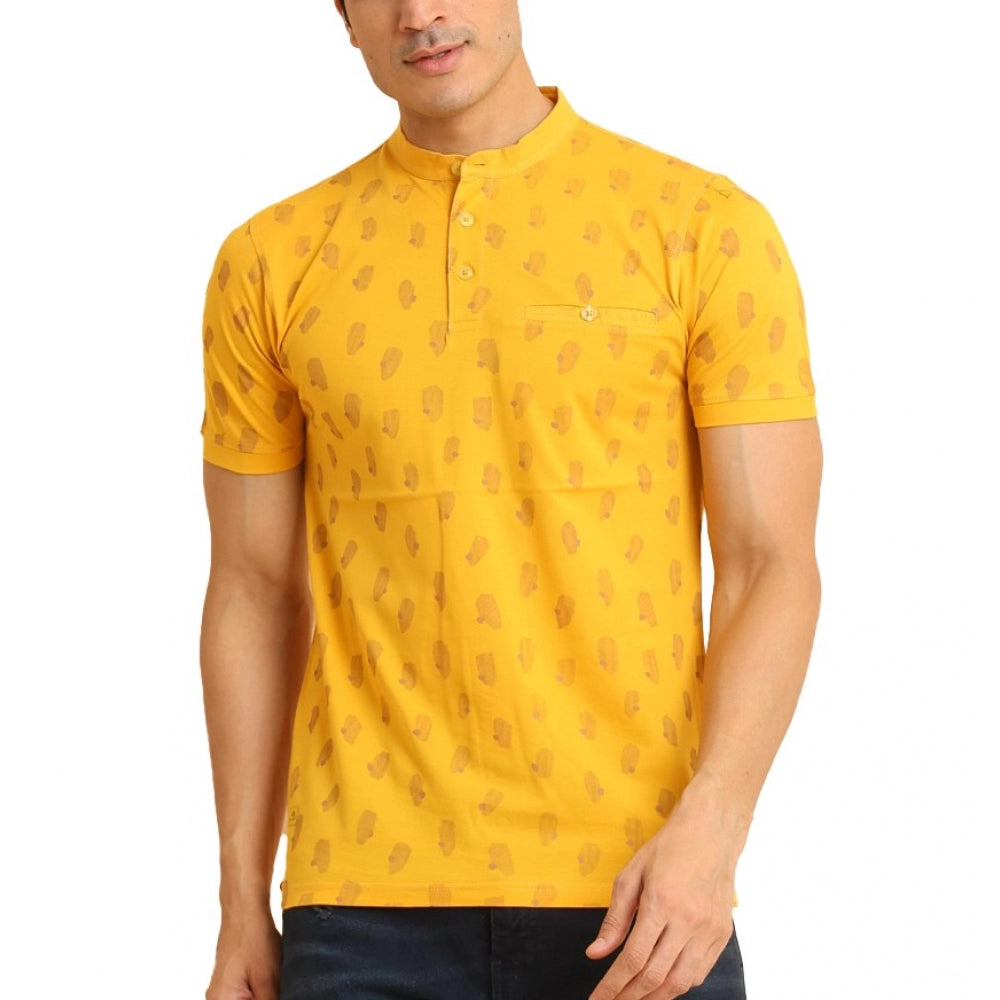 Men's Casual Cotton Printed Mandarin Collar Half Sleeve T-Shirt (Mustard) - GillKart