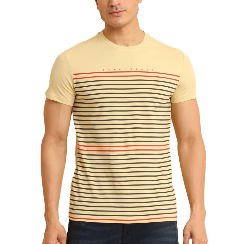 Men's Casual Cotton Printed Round Neck Half Sleeve T-Shirt (Beige) - GillKart