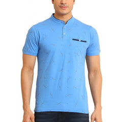 Men's Casual Cotton Printed Mandarin Collar Half Sleeve T-Shirt (LightBlue) - GillKart