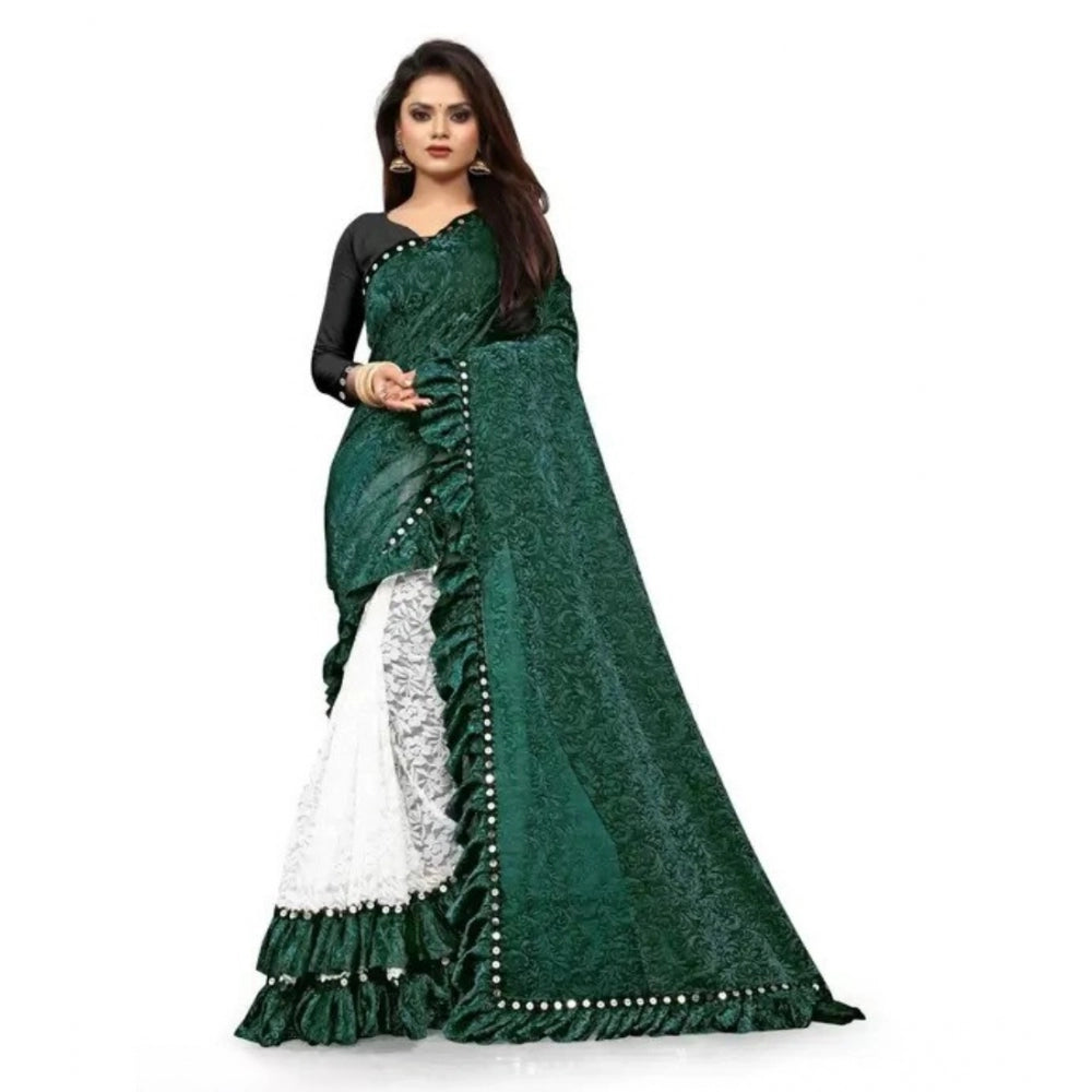 Women's Silk With Mirror Lace Solid Saree With Unstitched Blouse (Green, 5-5 Mtrs) - GillKart