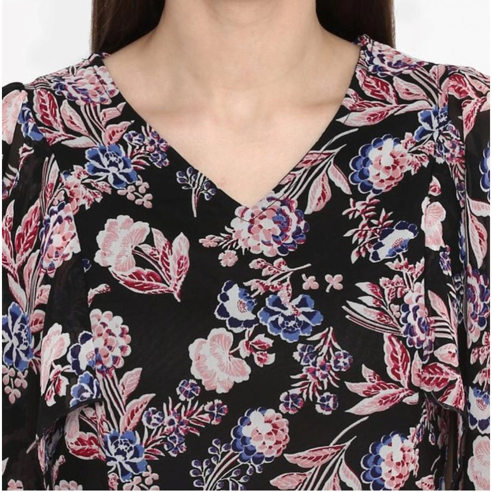 Women's Polyester Floral Short Sleeve Knee-Length Dress (Black - Multicolor) - GillKart