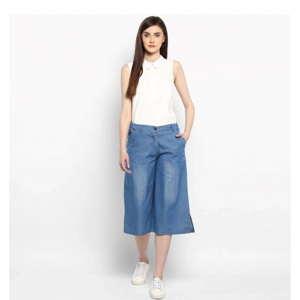 Women's Denim Solid Buttoned Below Knee Culottes (Light Blue) - GillKart