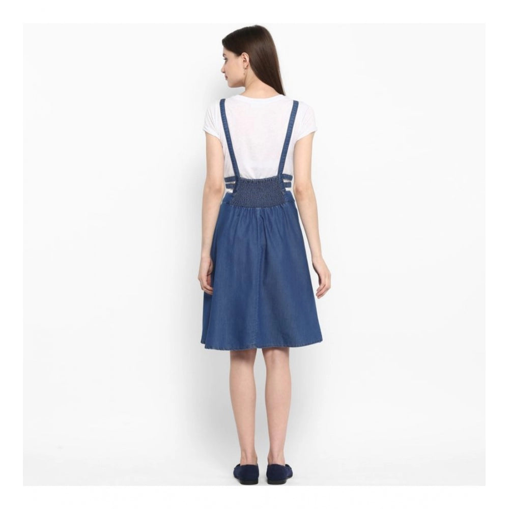 Women's Denim Solid Shoulder Straps Below Knee Dress (Blue) - GillKart