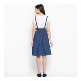 Women's Denim Solid Shoulder Straps Below Knee Dress (Blue) - GillKart