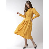 Women's Polyester Pintuck Long Sleeves Below Knee Dress (Yellow) - GillKart