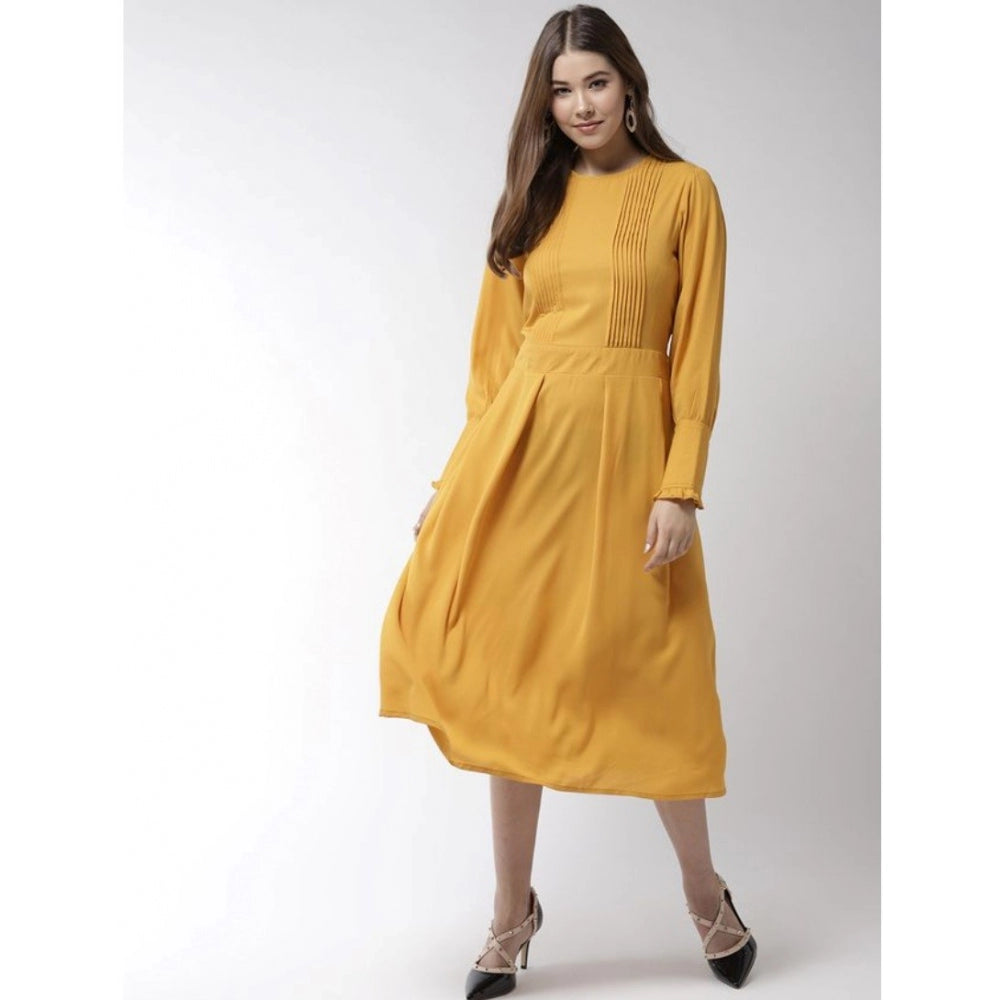 Women's Polyester Pintuck Long Sleeves Below Knee Dress (Yellow) - GillKart