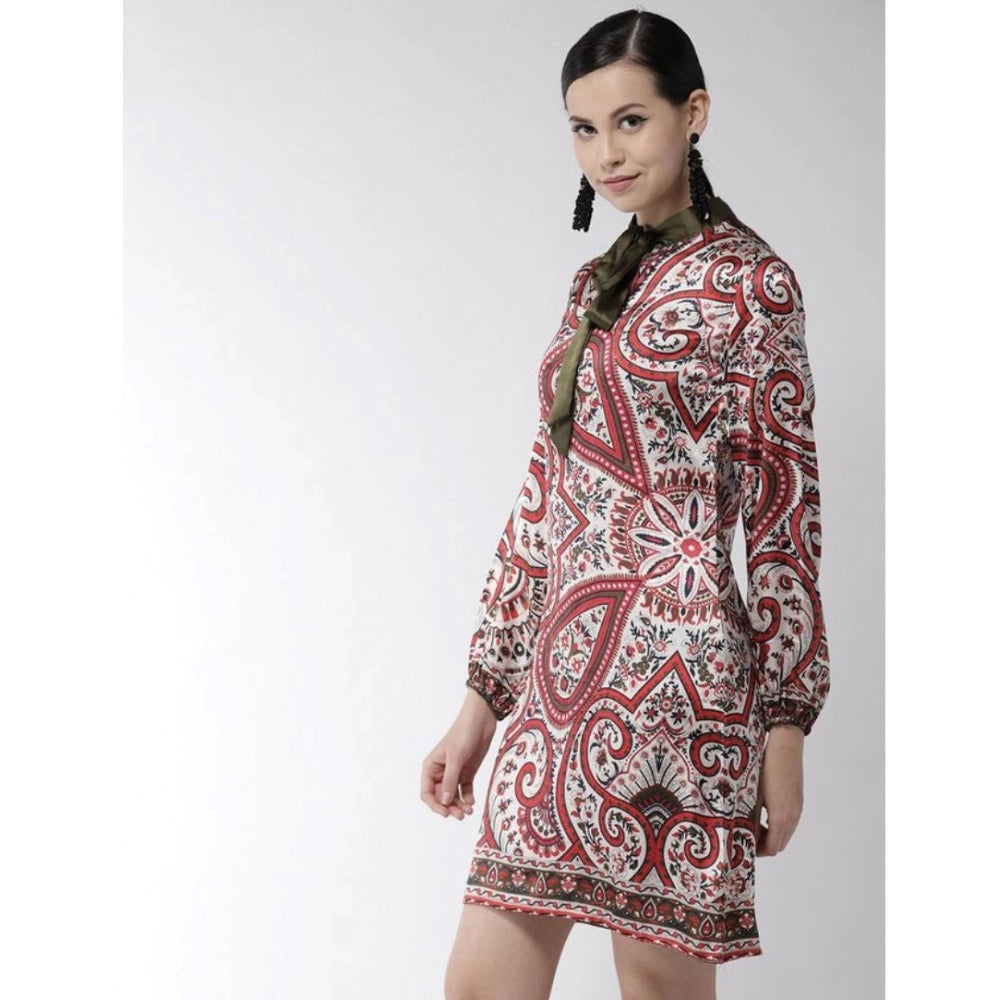 Women's Polyester Printed Long Sleeves Above Knee Dress (Red) - GillKart