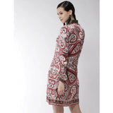 Women's Polyester Printed Long Sleeves Above Knee Dress (Red) - GillKart