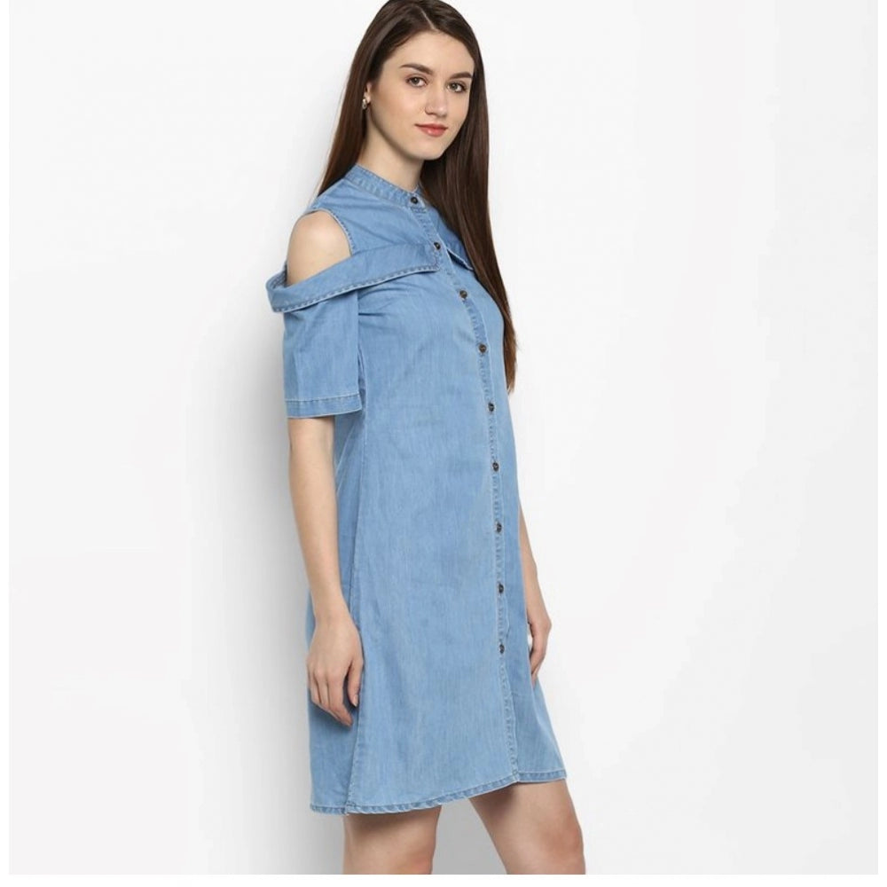 Women's Denim Solid Cold Shoulder Above Knee Dress (Blue) - GillKart