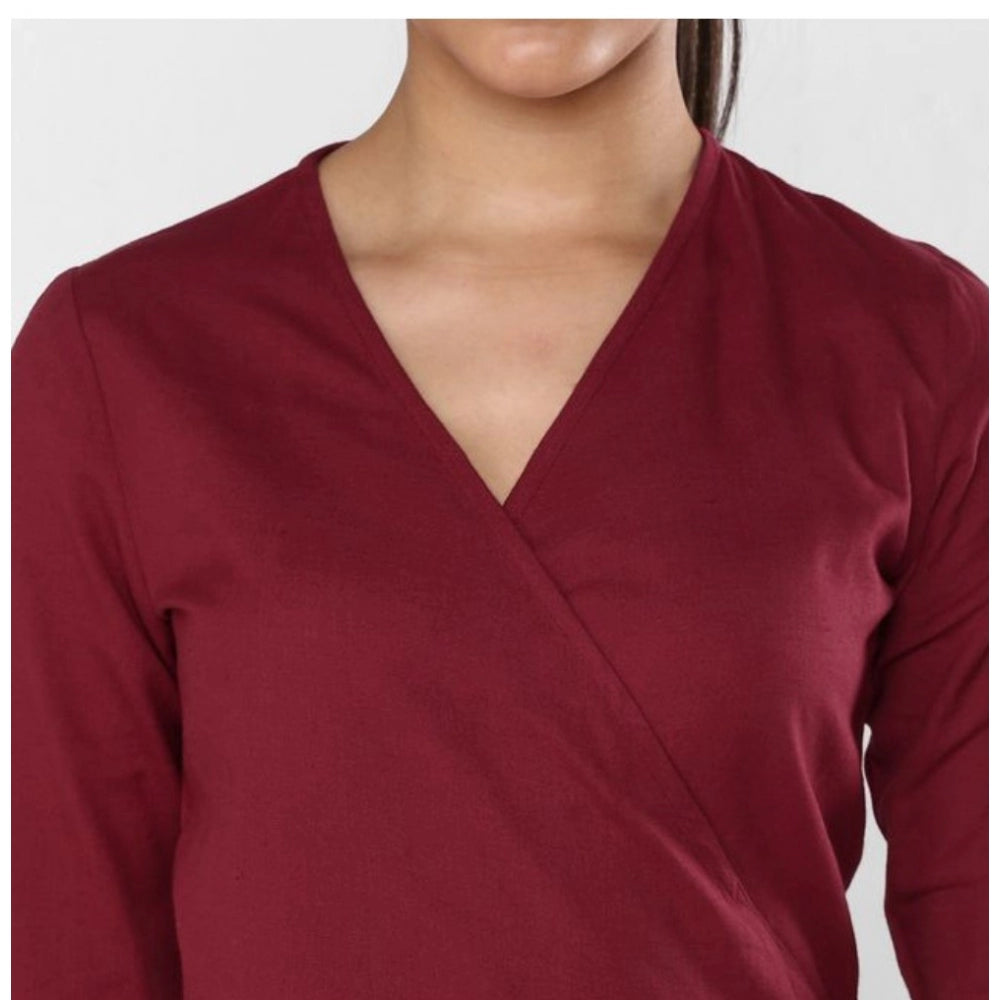 Women's Cotton Solid 3-4th Sleeves Above Knee Dress (Maroon) - GillKart