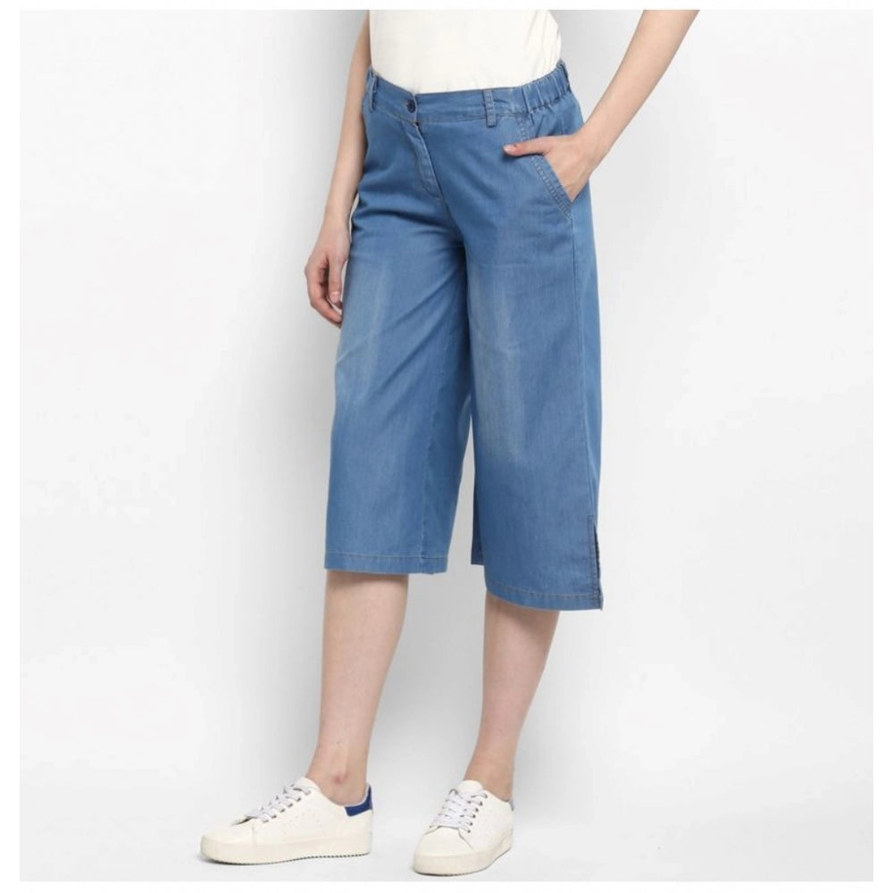 Women's Denim Solid Buttoned Below Knee Culottes (Light Blue) - GillKart