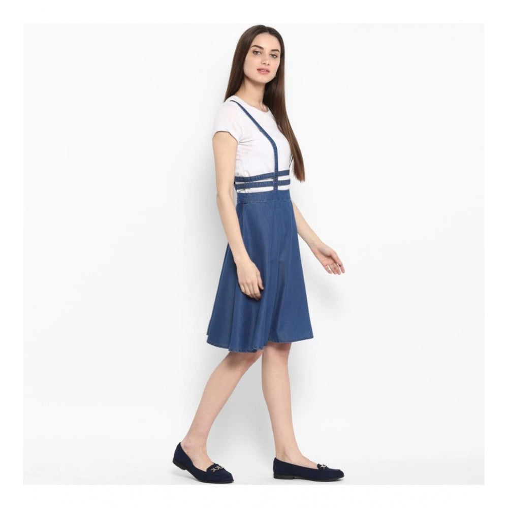 Women's Denim Solid Shoulder Straps Below Knee Dress (Blue) - GillKart