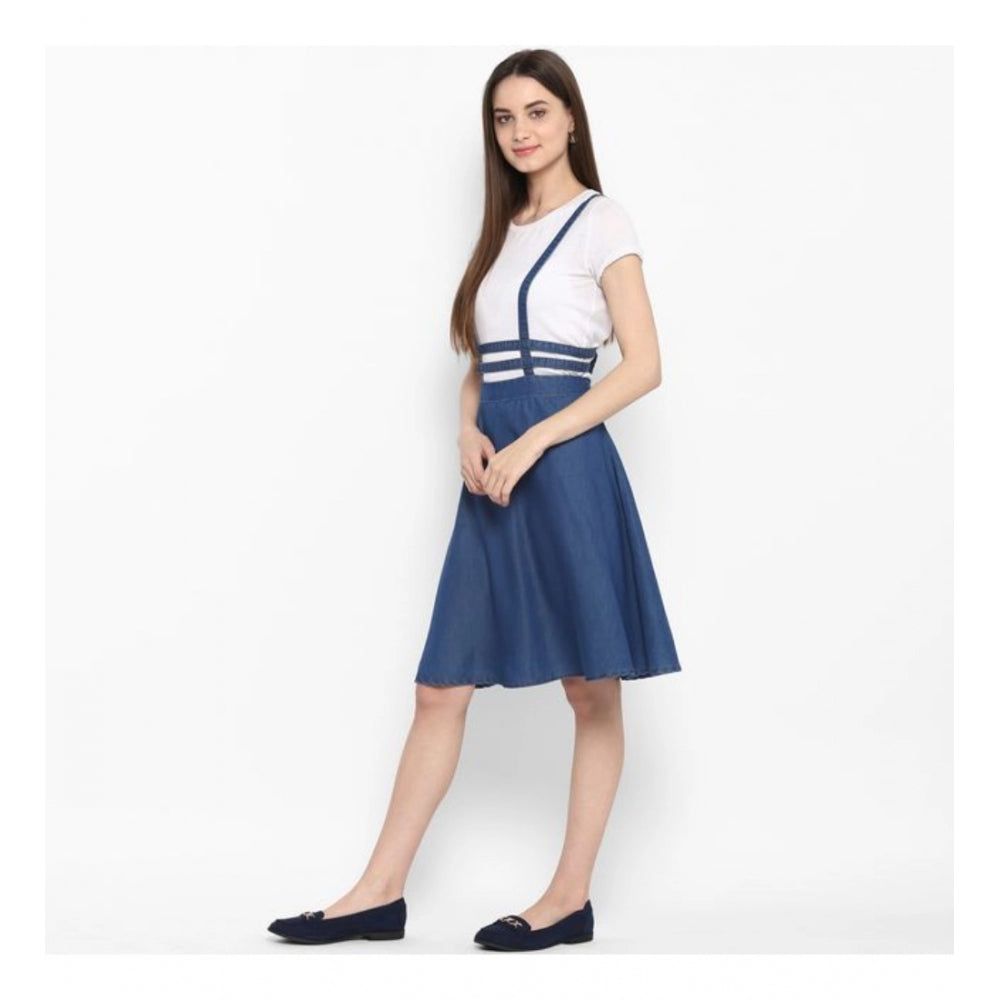 Women's Denim Solid Shoulder Straps Below Knee Dress (Blue) - GillKart