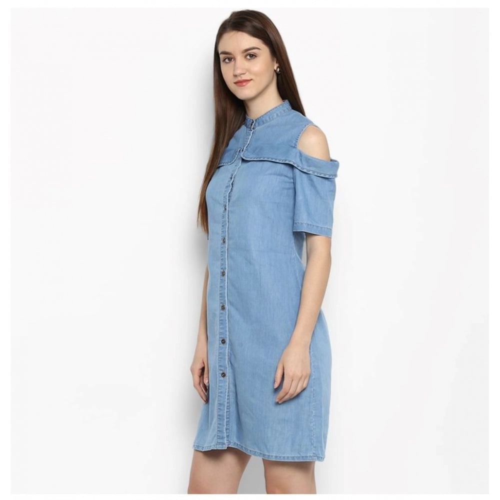 Women's Denim Solid Cold Shoulder Above Knee Dress (Blue) - GillKart