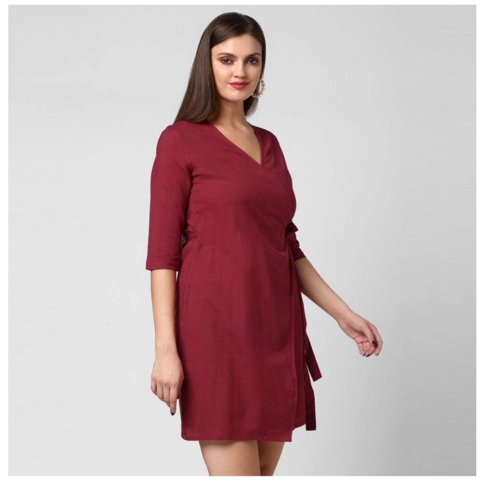 Women's Cotton Solid 3-4th Sleeves Above Knee Dress (Maroon) - GillKart