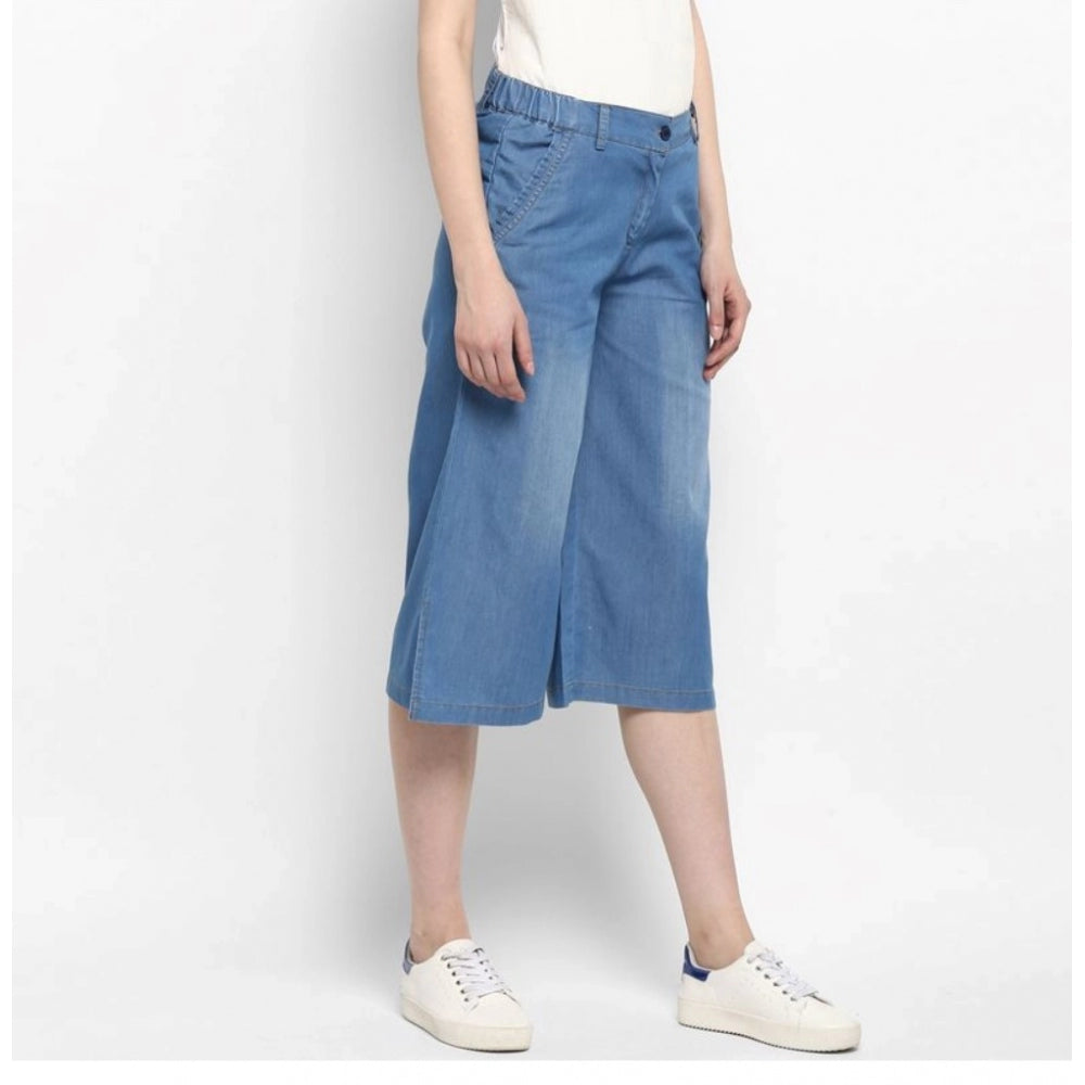 Women's Denim Solid Buttoned Below Knee Culottes (Light Blue) - GillKart