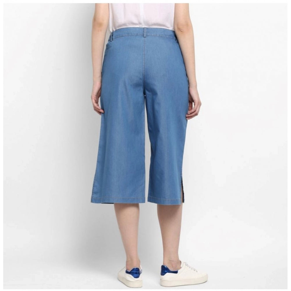 Women's Denim Solid Buttoned Below Knee Culottes (Light Blue) - GillKart