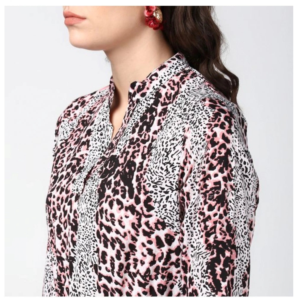 Women's Polyester Animal Print Bell Sleeve Above Knee Dress (Pink - Black) - GillKart