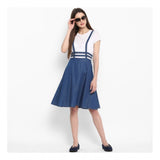 Women's Denim Solid Shoulder Straps Below Knee Dress (Blue) - GillKart