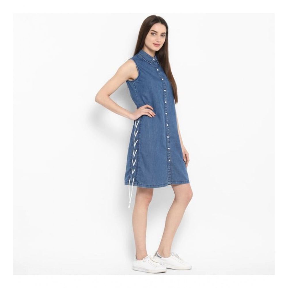 Women's Denim Solid Sleeveless Above Knee Dress (Blue) - GillKart