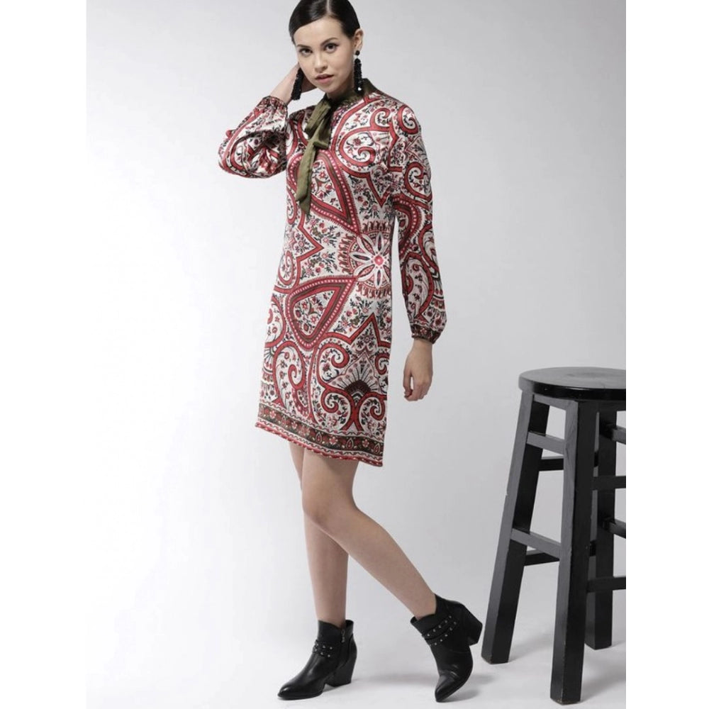 Women's Polyester Printed Long Sleeves Above Knee Dress (Red) - GillKart