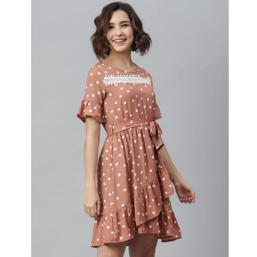 Women's Polyester Polka Bell Sleeve Above Knee Dress (Brown) - GillKart