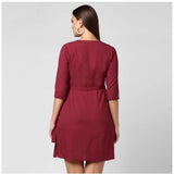 Women's Cotton Solid 3-4th Sleeves Above Knee Dress (Maroon) - GillKart