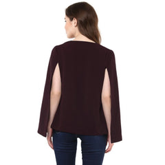 Women's Polyester Solid Cape Sleeve Blazer (Wine) - GillKart