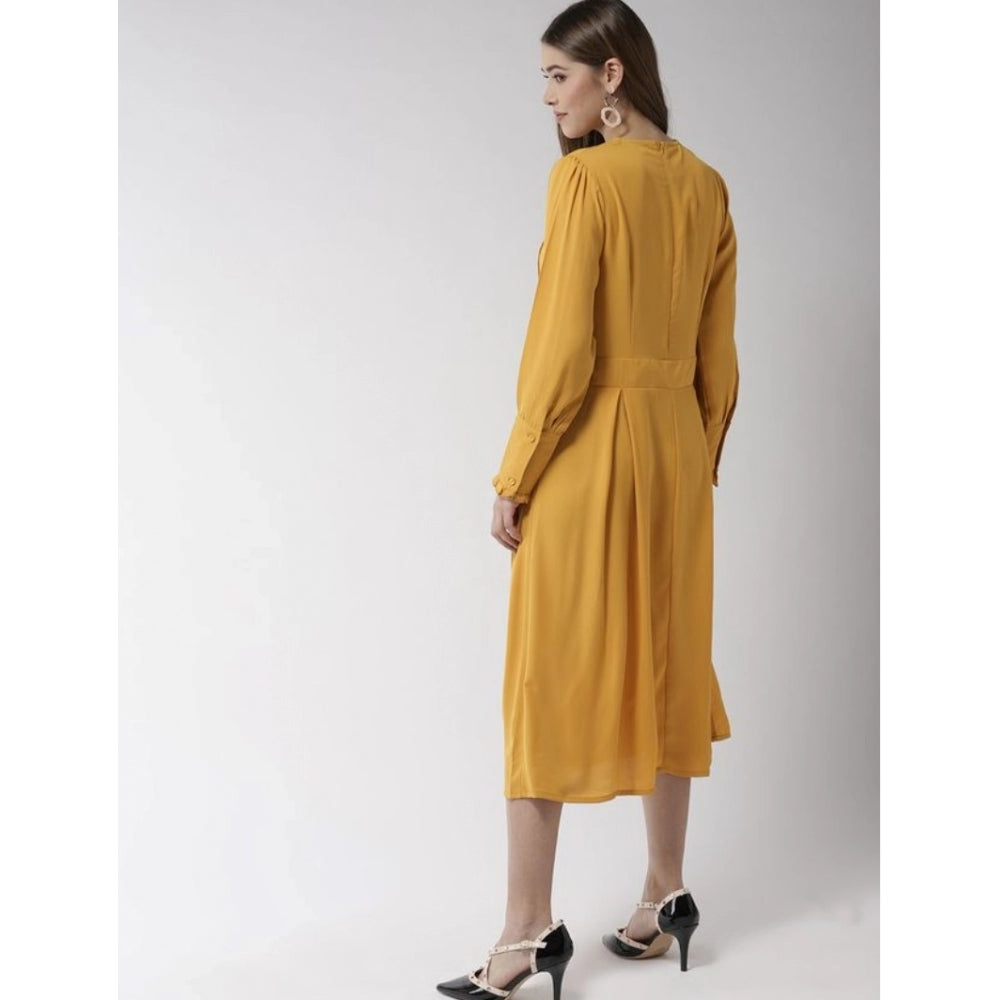 Women's Polyester Pintuck Long Sleeves Below Knee Dress (Yellow) - GillKart