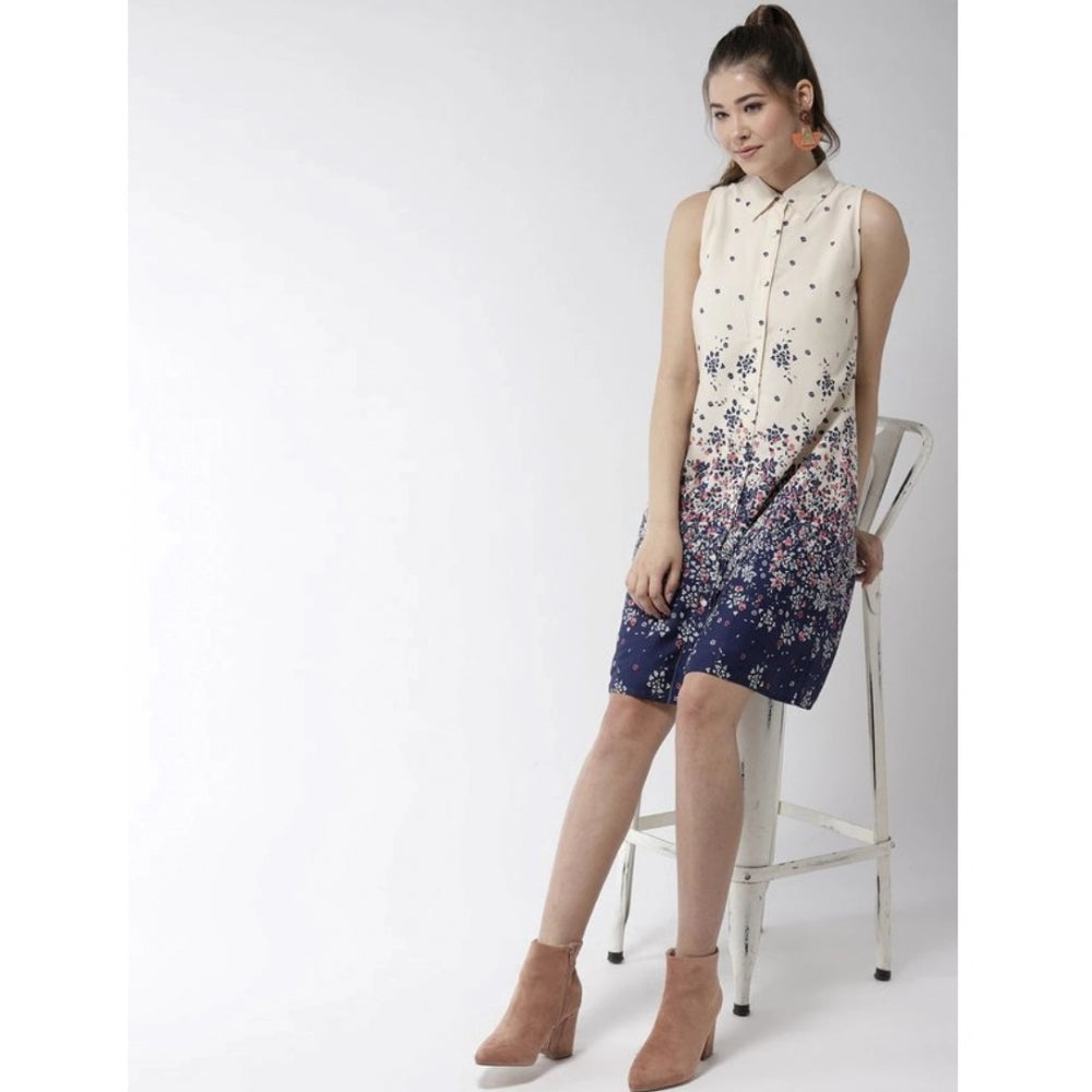 Women's Polyester Floral Sleeveless Above Knee Dress (Cream) - GillKart