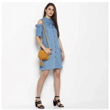 Women's Denim Solid Cold Shoulder Above Knee Dress (Blue) - GillKart