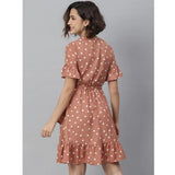 Women's Polyester Polka Bell Sleeve Above Knee Dress (Brown) - GillKart