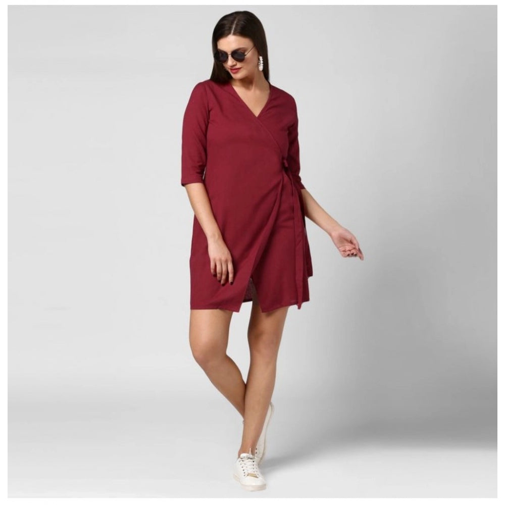 Women's Cotton Solid 3-4th Sleeves Above Knee Dress (Maroon) - GillKart