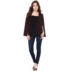 Women's Polyester Solid Cape Sleeve Blazer (Wine) - GillKart