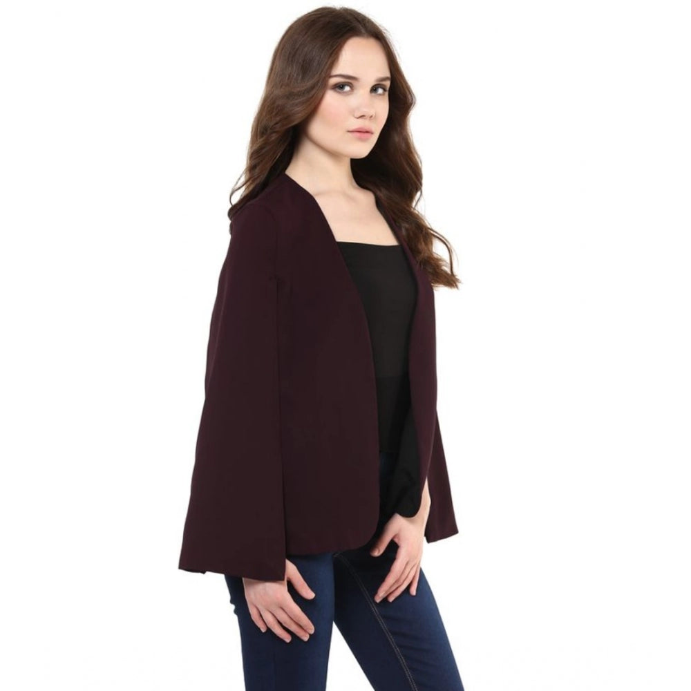 Women's Polyester Solid Cape Sleeve Blazer (Wine) - GillKart