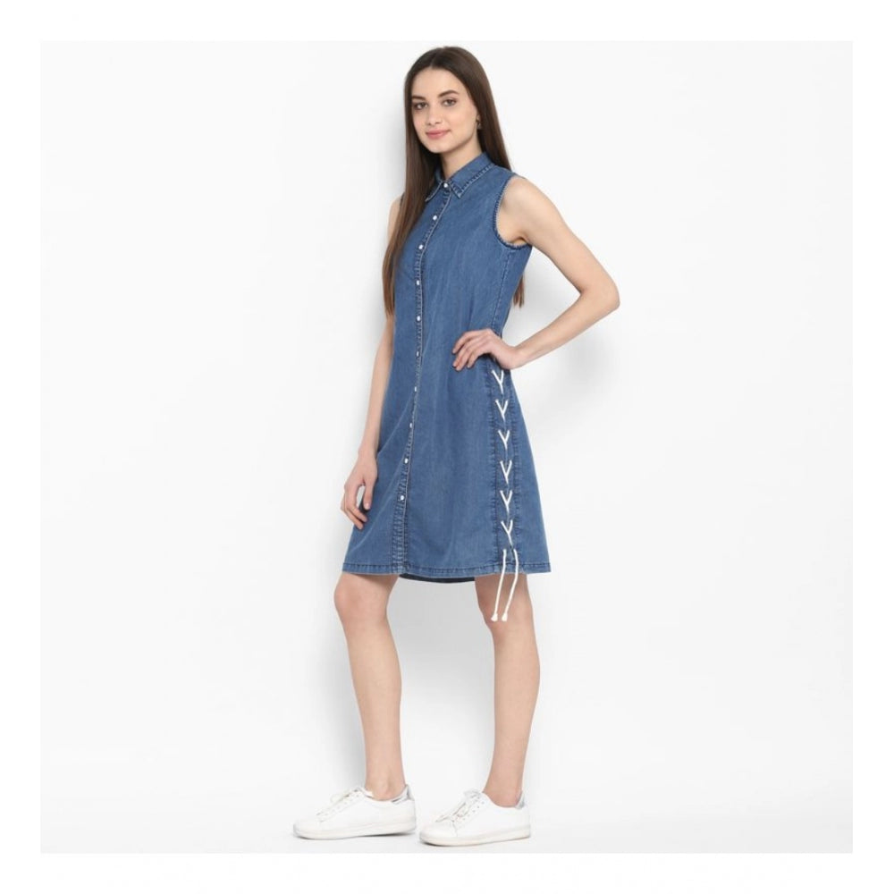 Women's Denim Solid Sleeveless Above Knee Dress (Blue) - GillKart