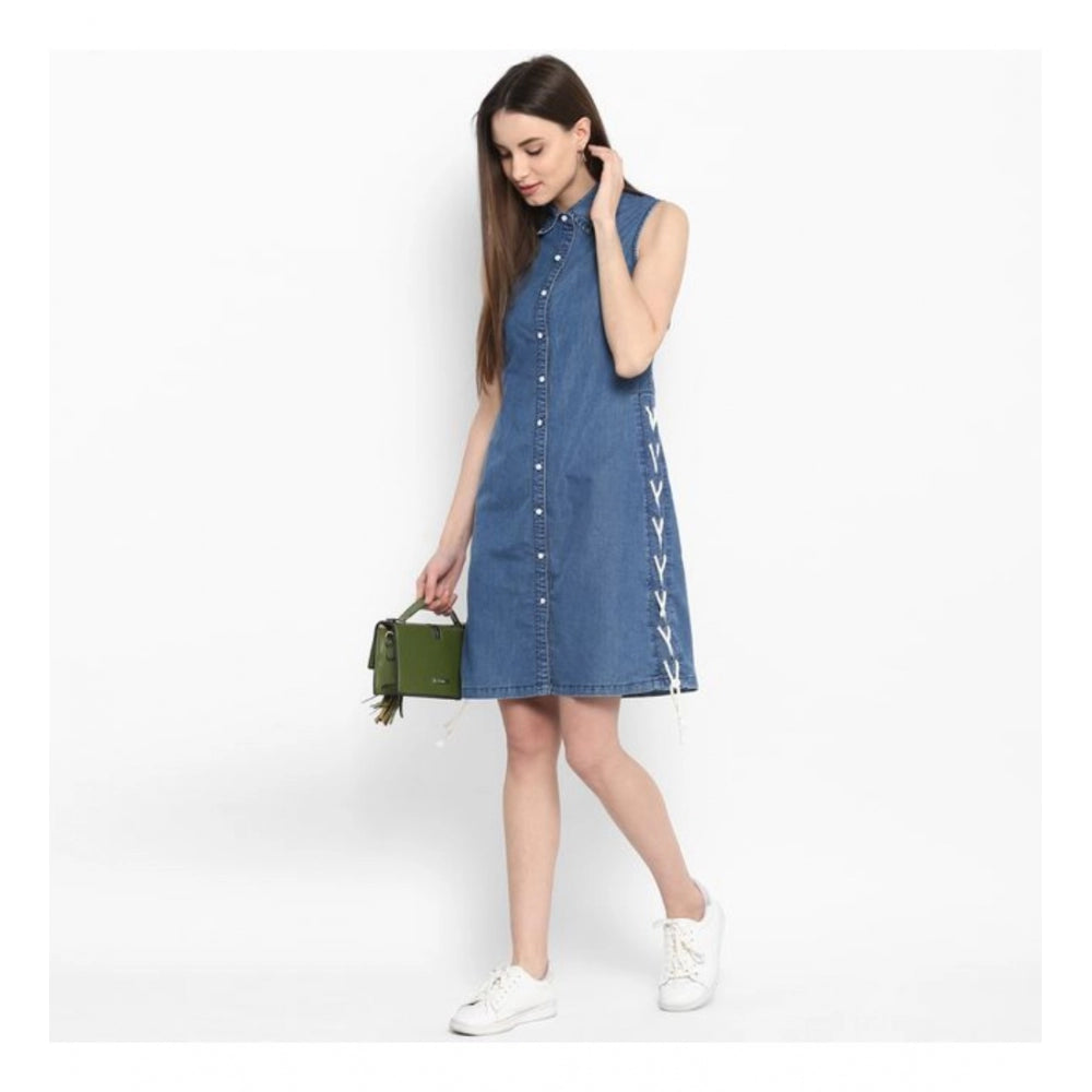 Women's Denim Solid Sleeveless Above Knee Dress (Blue) - GillKart